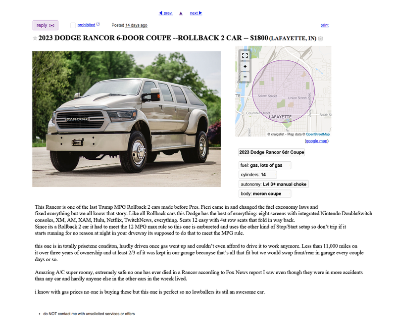 Illustration for article titled Craigslist Ads From The Future: Trump MPG Rollback Edition